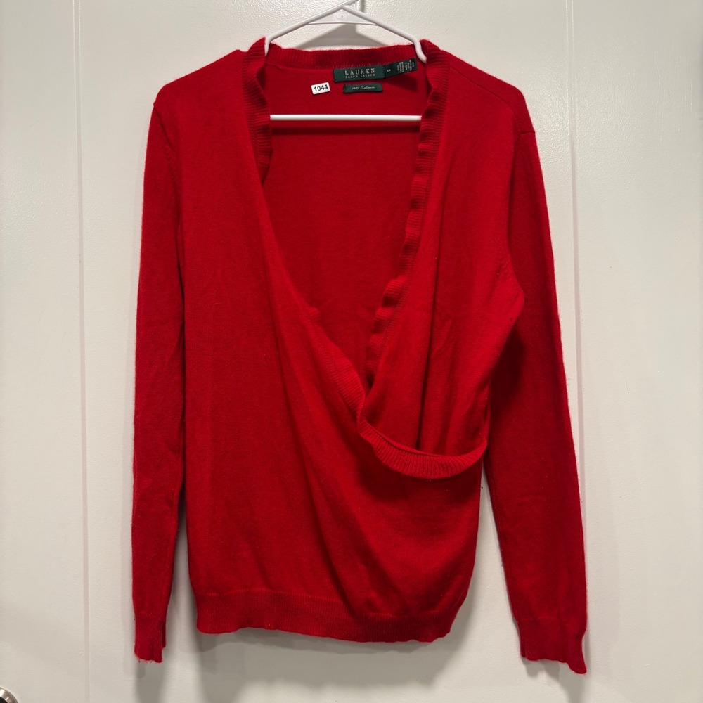 Lauren Ralph Lauren Red 100% Cashmere Wrap V-Neck Sweater Womens Large